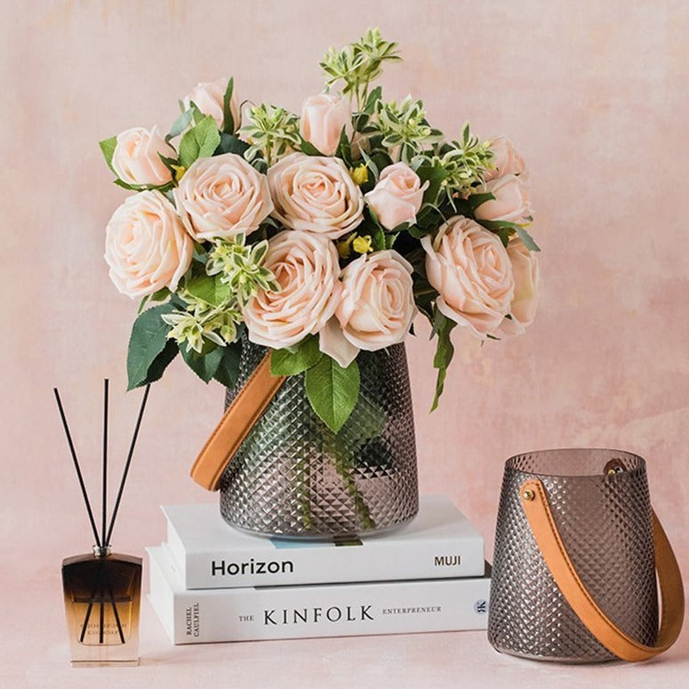 Cylinder Basket Shape Glass Pink Gray Blue Vases with Handle