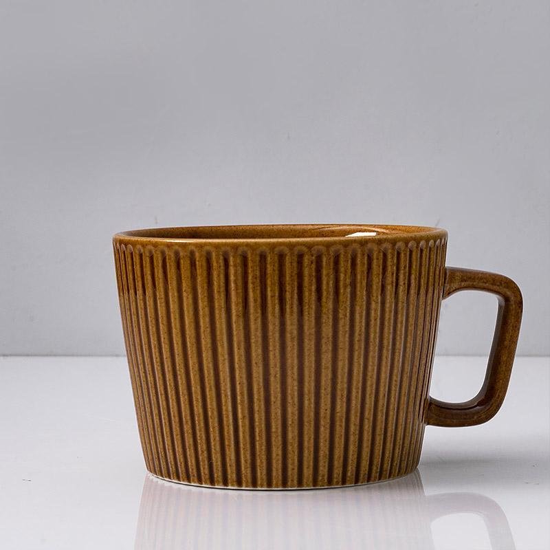 Stoneware Striped Coffee Latte Mug with Spoon Rattan Coaster