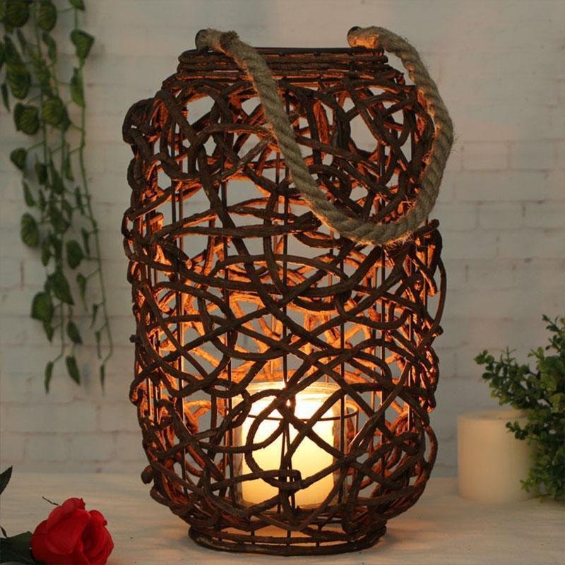 Farmhouse Vintage Garden Floor Wicker Woven Lantern with Sing Rope Handle