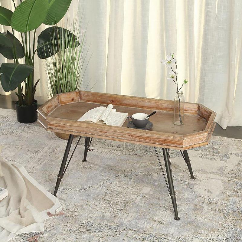 Rectangular Fir Wood Tray Top Coffee Tables with 4 Iron Legs