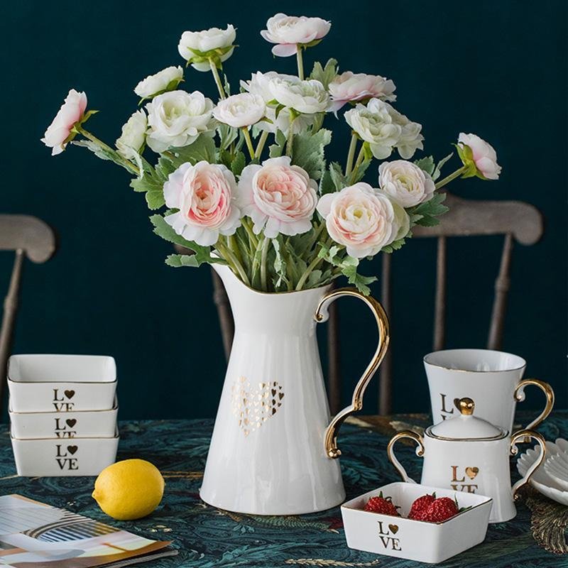 Handled Jug Shaped White Ceramic Flower Vases