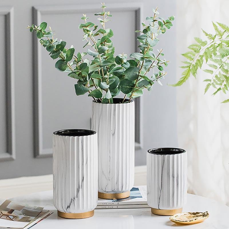 Ceramic Cylinder White Flower Vases with Marbled Vertical Edge Pattern