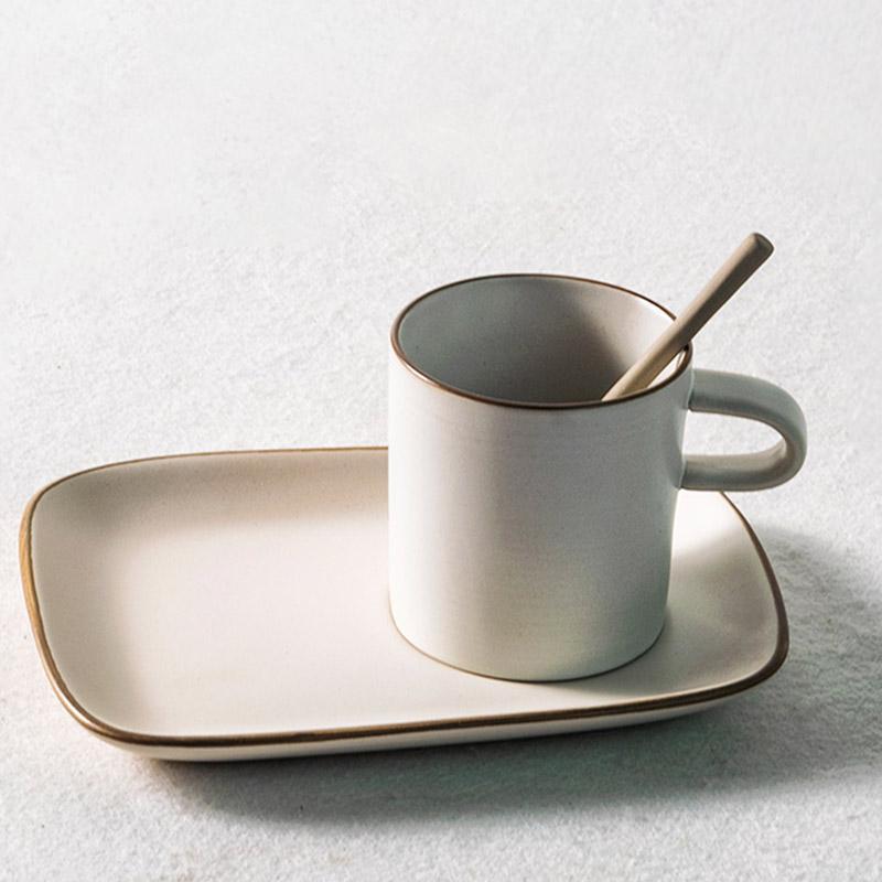 White Stoneware Mug Coffee Cup Teacup with Oval Rectangle Saucer - dazuma
