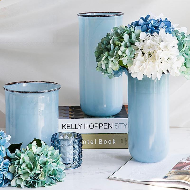 Nordic Modern Style Transparent Glass Blue Vases Cylinder Decorative Flower Vases