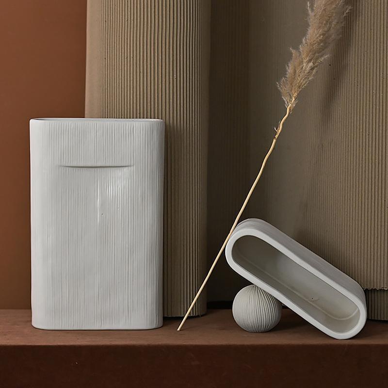 2- Piece Oval White Stripe Ceramic Flower Vases