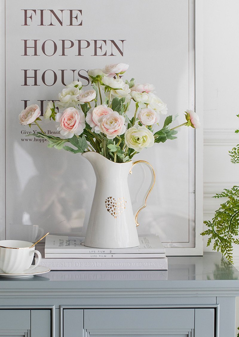 Handled Jug Shaped White Ceramic Flower Vases