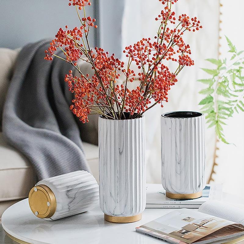 Ceramic Cylinder White  Flower Vases with Marbled Vertical Edge Pattern