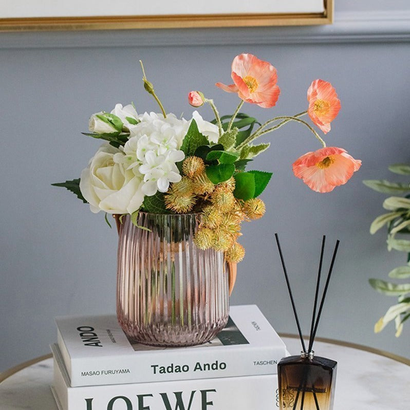 Cylinder Basket Shape Glass Pink Gray Blue Vases with Handle