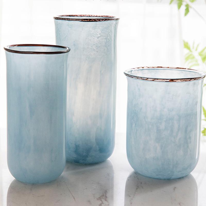 Nordic Modern Style Transparent Glass Blue Vases Cylinder Decorative Flower Vases
