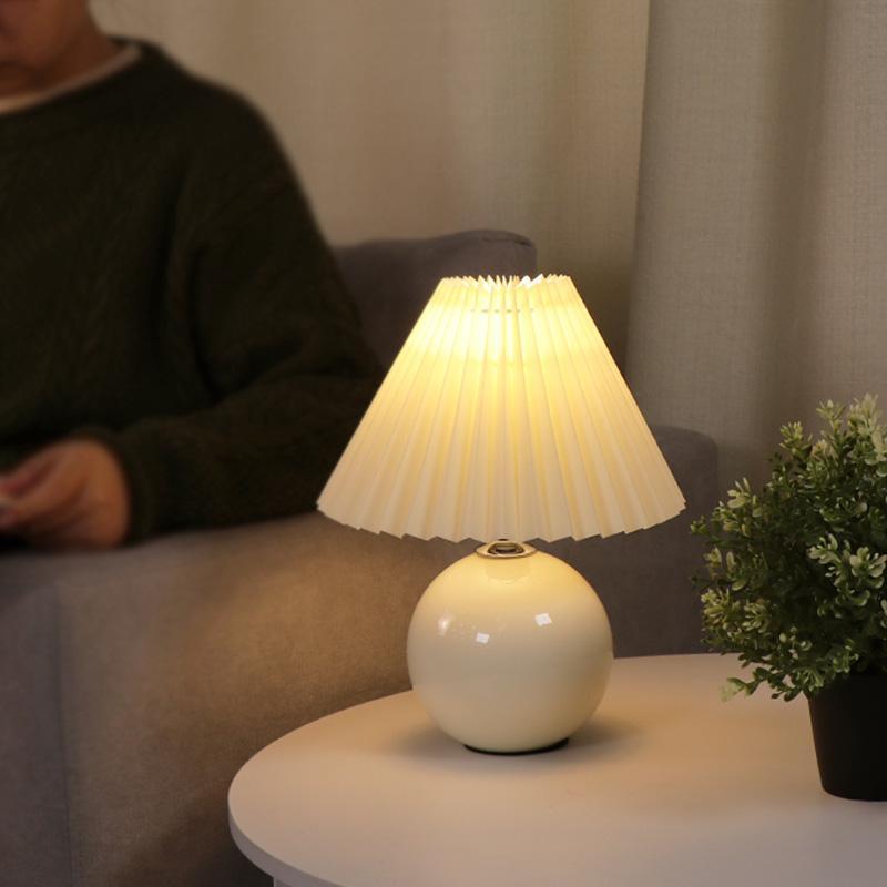 Ceramic Globe Table Lamp in White Pleated Empire Shade Night Lights
