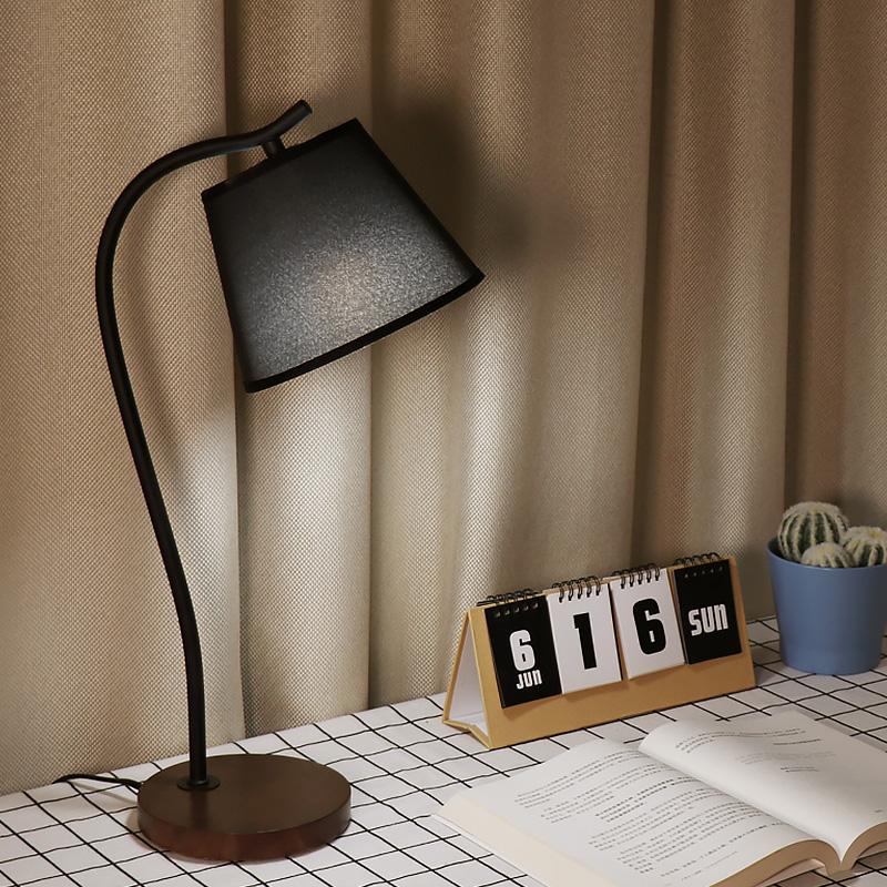 LED Wooden Base Black Arched Table Lamp With Fabric Shade US Plug Task Light