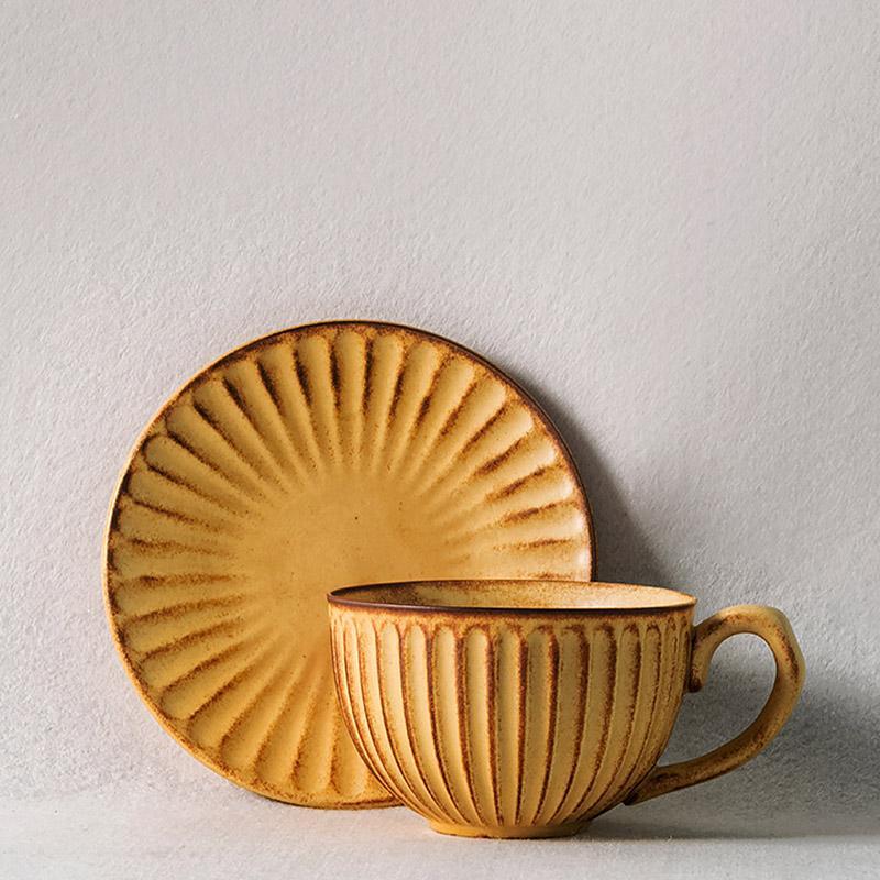 Set of 6 Yellow Stoneware Mugs Coffee Cups Teacups and Saucers - dazuma
