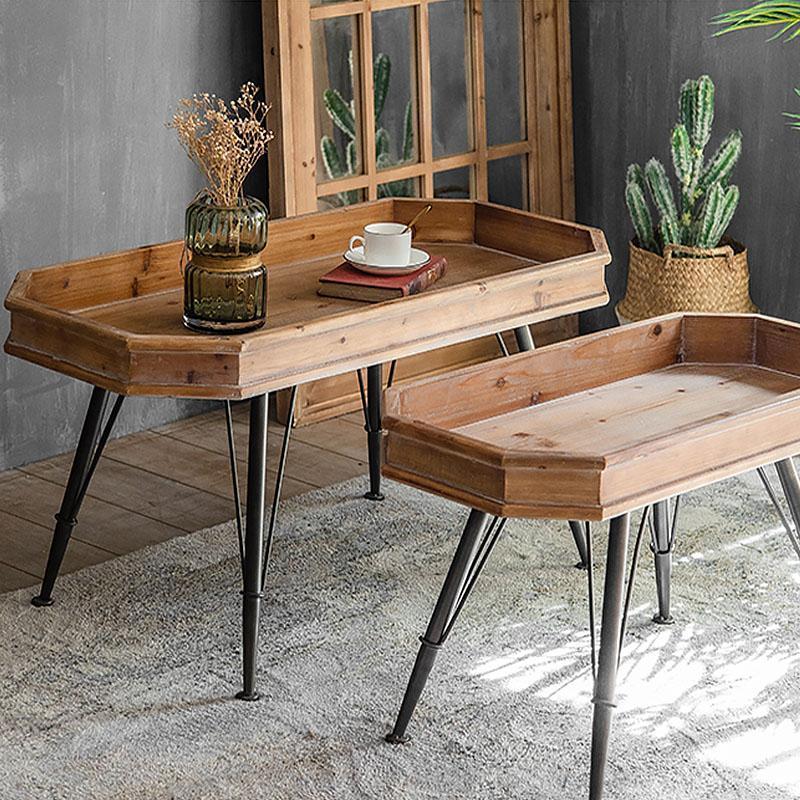 Rectangular Fir Wood Tray Top Coffee Tables with 4 Iron Legs