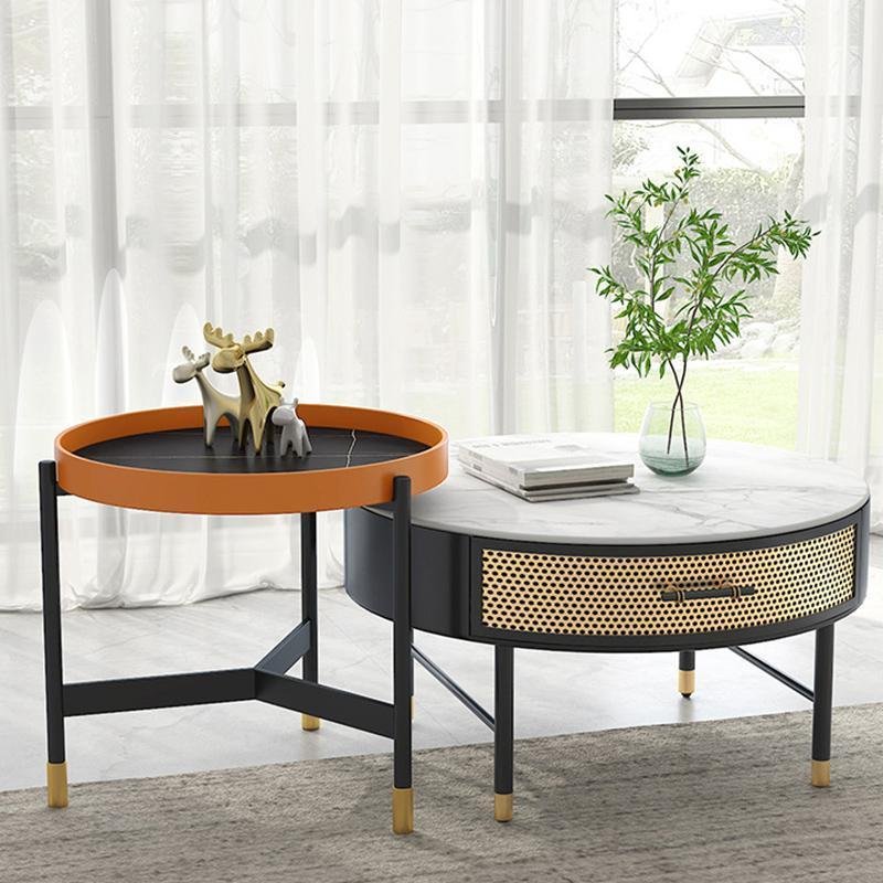 Round Marble Slate Side Tables End Tables with Metal Frame