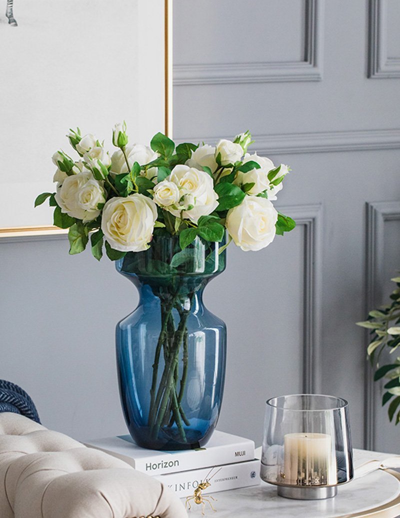 Funnel Style Glass Blue Vases Decorative Flower Vases with Wide Mouth