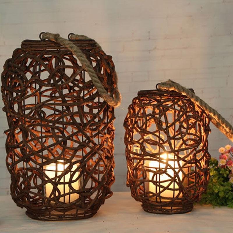 Farmhouse Vintage Garden Floor Wicker Woven Lantern with Sing Rope Handle