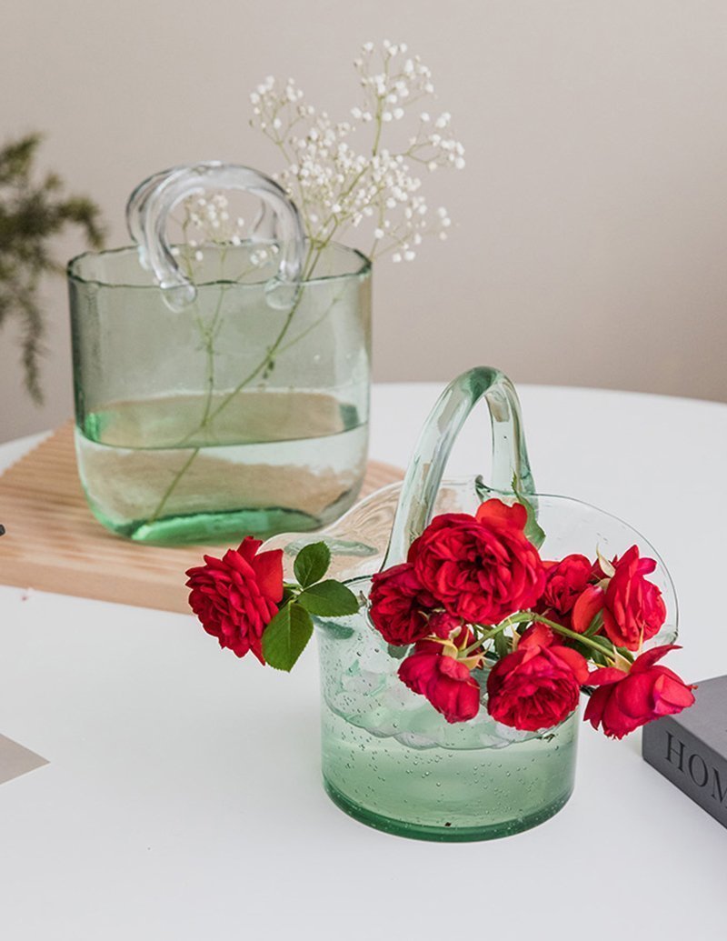 Basket Shaped Green Glass Vases Rose Flower Vases