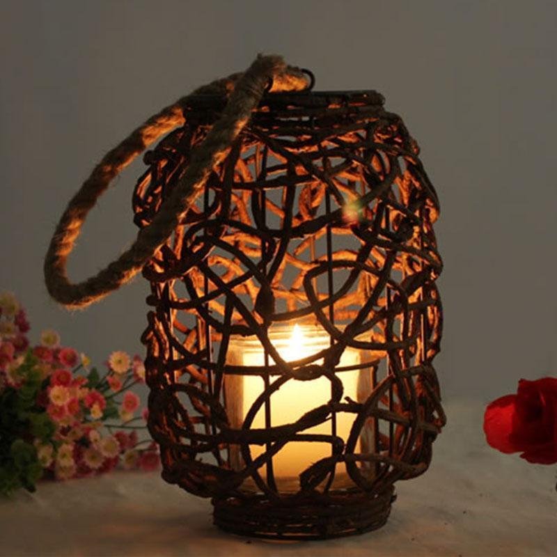 Farmhouse Vintage Garden Floor Wicker Woven Lantern with Sing Rope Handle