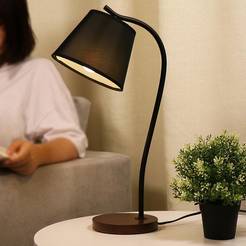 LED Wooden Base Black Arched Table Lamp With Fabric Shade US Plug Task Light