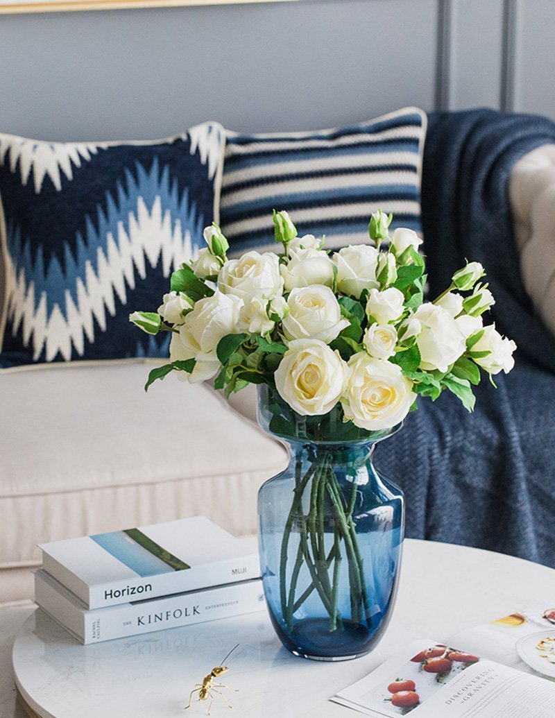 Funnel Style Glass Blue Vases Decorative Flower Vases with Wide Mouth