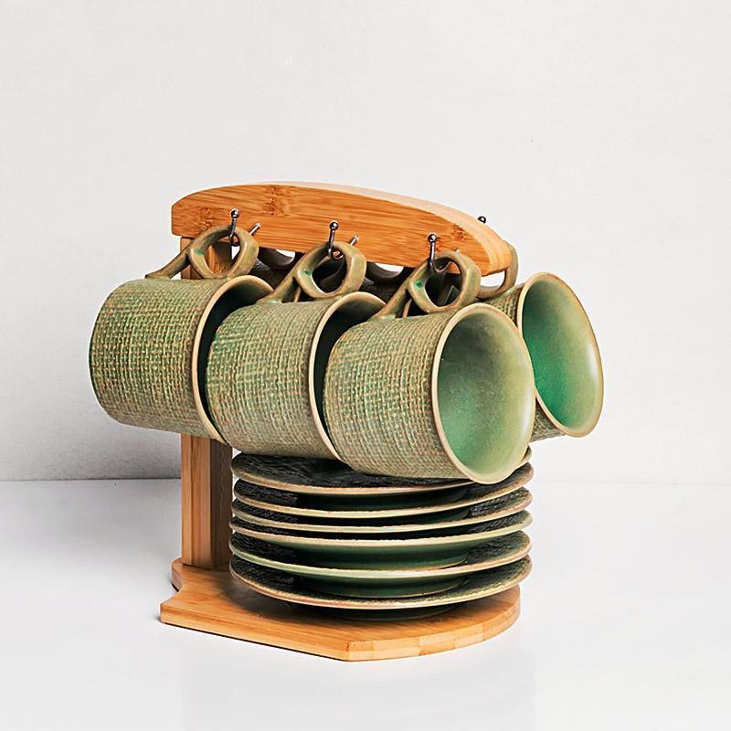 Green Yellow Stoneware Mugs Coffee Cups Teacups and Saucers