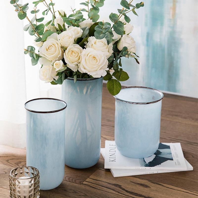 Nordic Modern Style Transparent Glass Blue Vases Cylinder Decorative Flower Vases