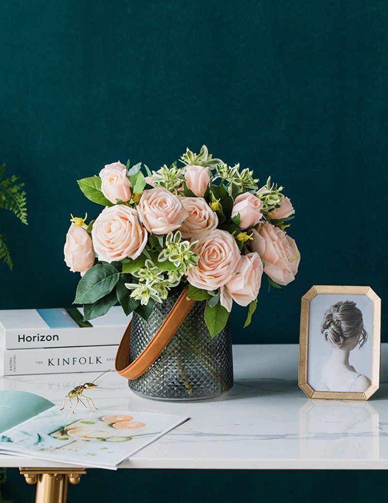 Cylinder Basket Shape Glass Pink Gray Blue Vases with Handle