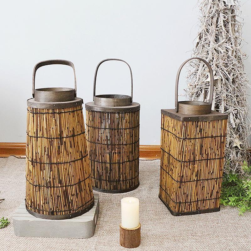 Cylinder Cone Cuboid Shaped Wicker Woven Lanterns with Single Handle