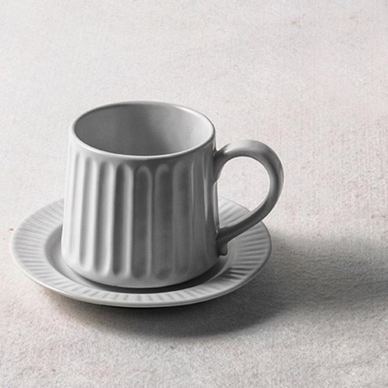 Gray Beige Ribbed Finish Stoneware Mug Coffee Cup Teacup and Saucer