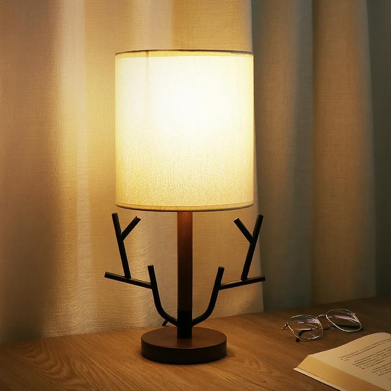 LED Nordic Wooden Tree Branch Table Lamp With Fabric Shade 1-Light  E27 Bedside Light