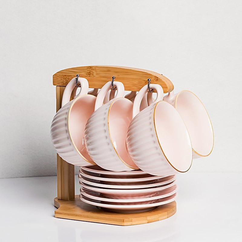 Set of 6 Yellow Stoneware Mugs Coffee Cups Teacups and Saucers