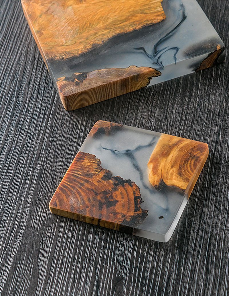 Square Nut Brown Gray Pine Solid Wood Pattern Resin Coasters