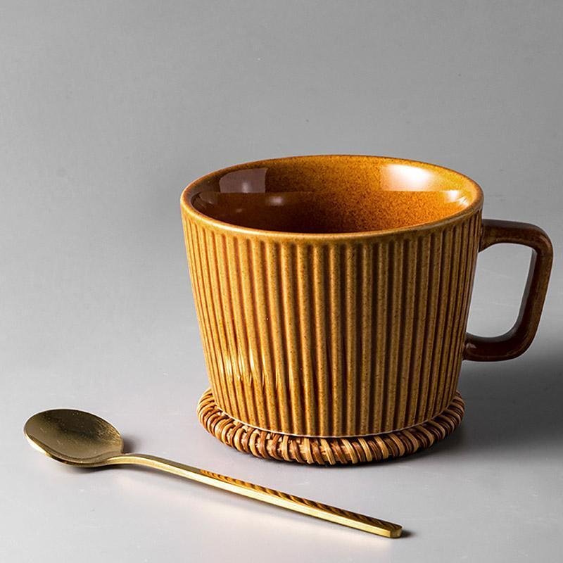 Stoneware Striped Coffee Latte Mug with Spoon Rattan Coaster