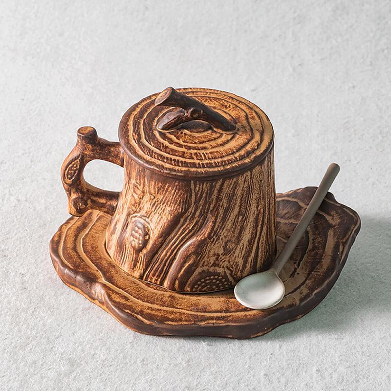 Thickly Grained Wood Rustic Stoneware Mug Coffee Cup Teacup with Saucer/Lid - dazuma