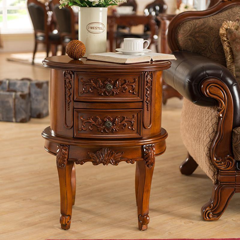 Oval Rubber Wood Side Tables End Tables with 2 Drawers