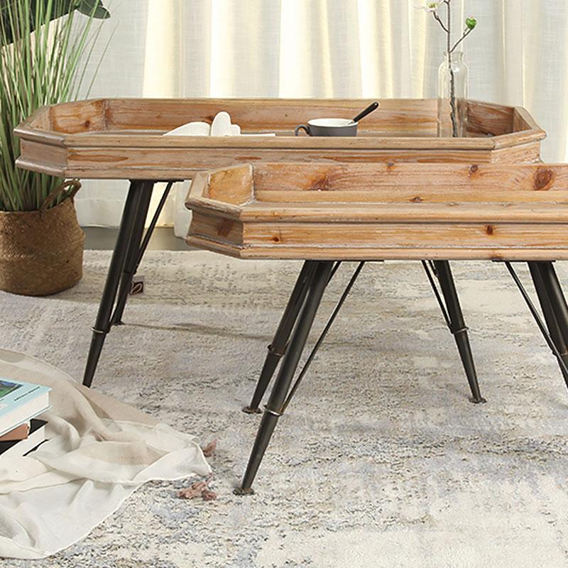 Rectangular Fir Wood Tray Top Coffee Tables with 4 Iron Legs