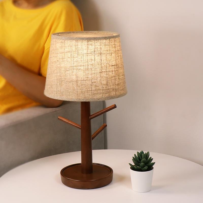 6'' Wooden LED Tree Branch Desk Table Lamp With Fabric Shade Ambient Bedside Lamp