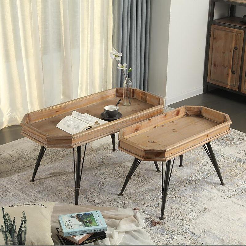 Rectangular Fir Wood Tray Top Coffee Tables with 4 Iron Legs