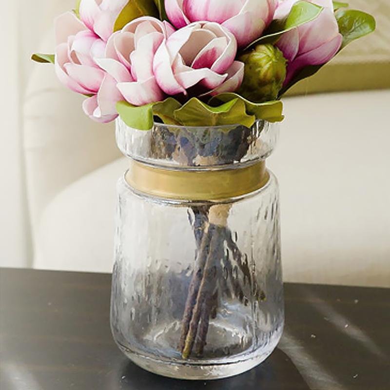 Cylinder Clear Glass Flower Vases with Gold Belt