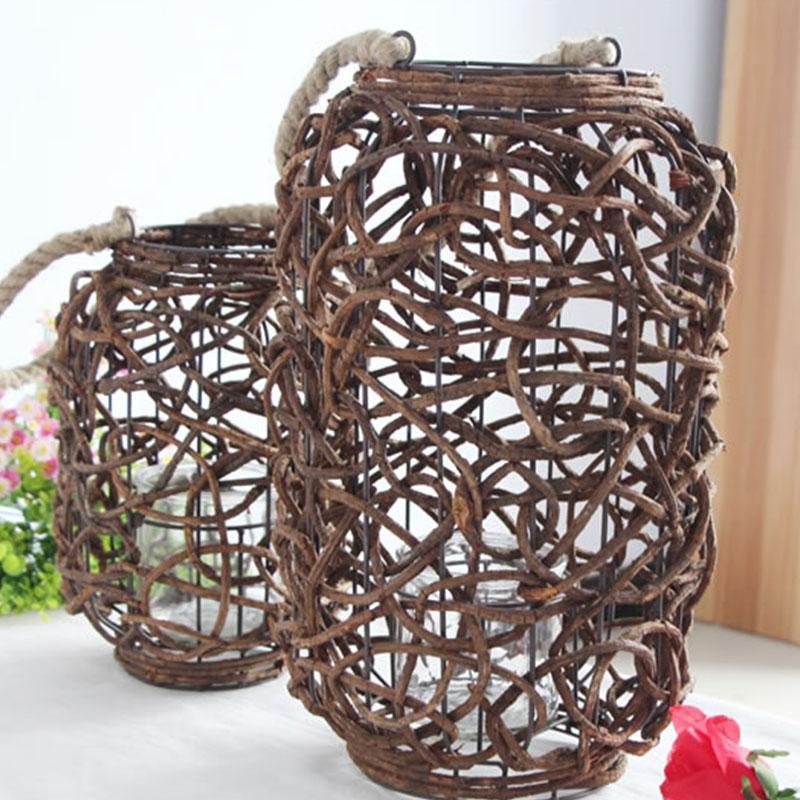 Farmhouse Vintage Garden Floor Wicker Woven Lantern with Sing Rope Handle