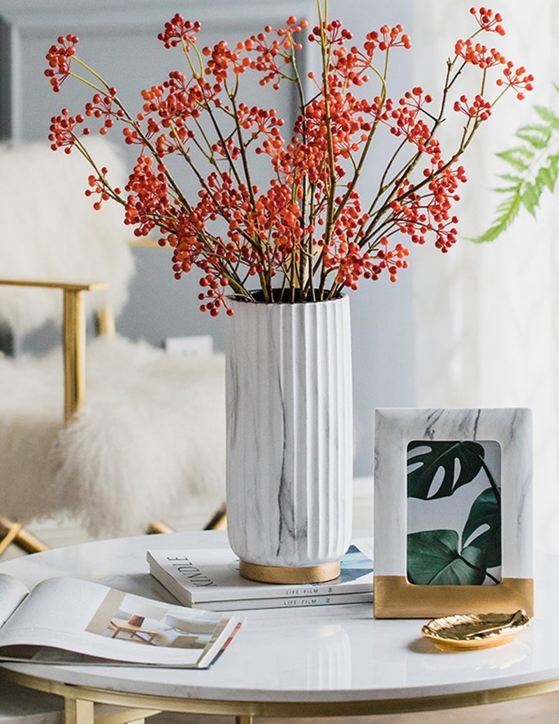 Ceramic Cylinder White  Flower Vases with Marbled Vertical Edge Pattern