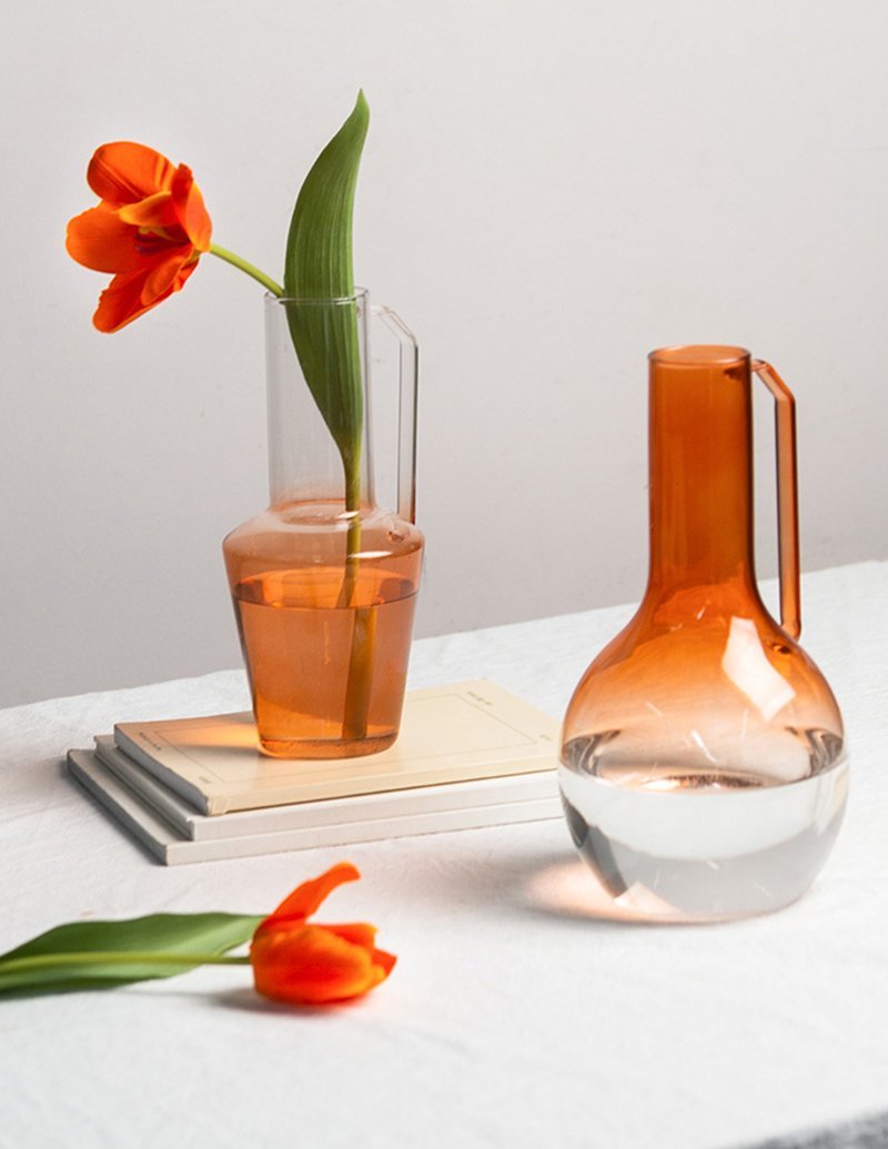 Red White Glass Flower Vase with Single Handle