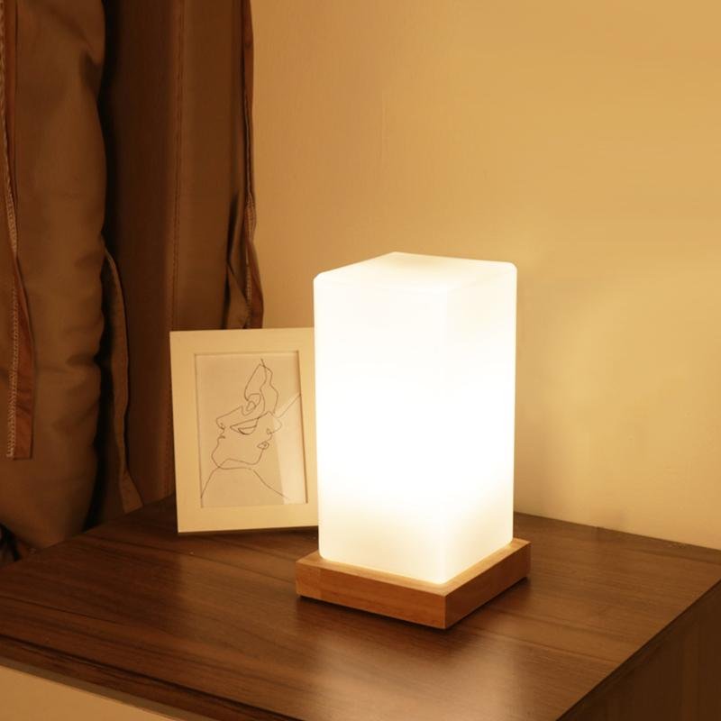 Nordic Minimalist LED Cuboid Rubber Wood Base Night Light Table Lamps Battery Operated Desk Lamps Night Stand Lamps Table Light Bedroom Bedside Lamps - Dazuma
