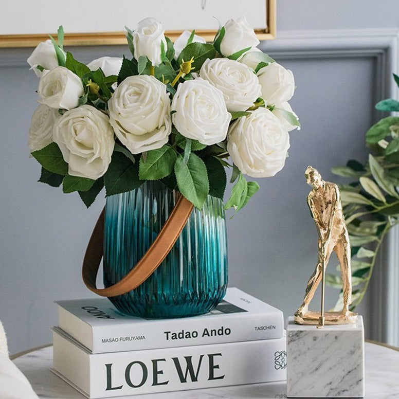 Cylinder Basket Shape Glass Pink Gray Blue Vases with Handle