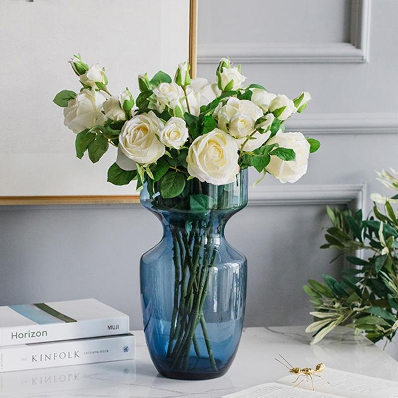 Funnel Style Glass Blue Vases Decorative Flower Vases with Wide Mouth