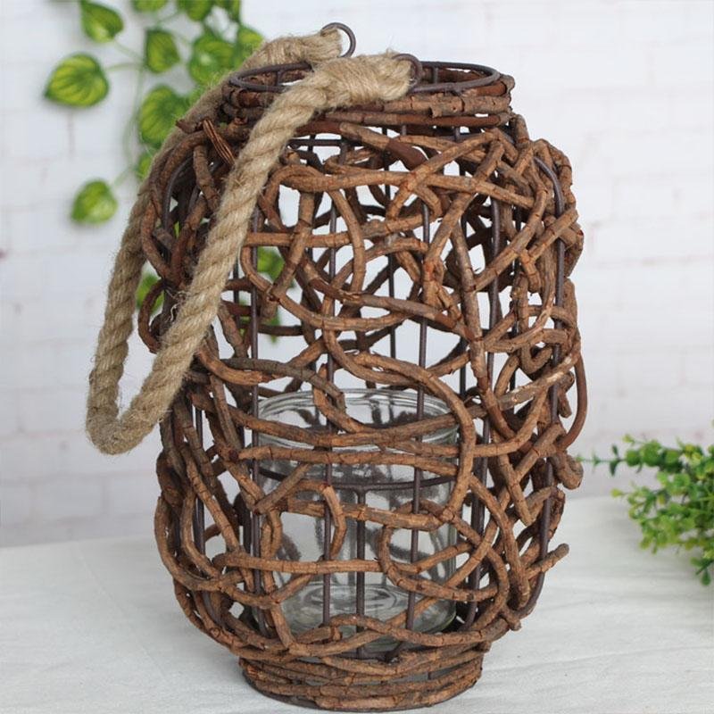 Farmhouse Vintage Garden Floor Wicker Woven Lantern with Sing Rope Handle