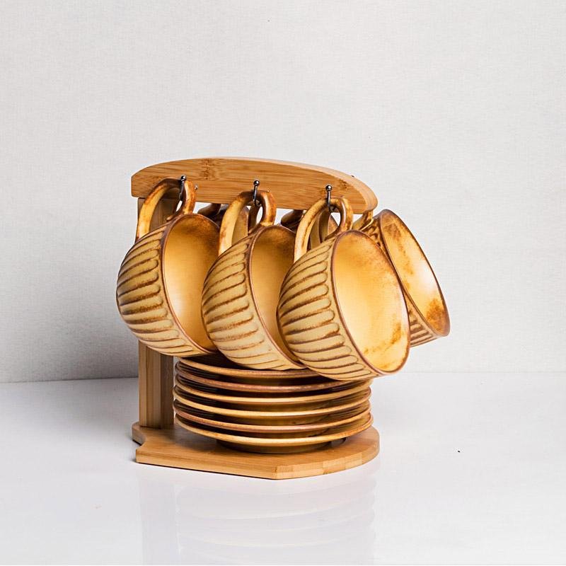 Set of 6 Yellow Stoneware Mugs Coffee Cups Teacups and Saucers