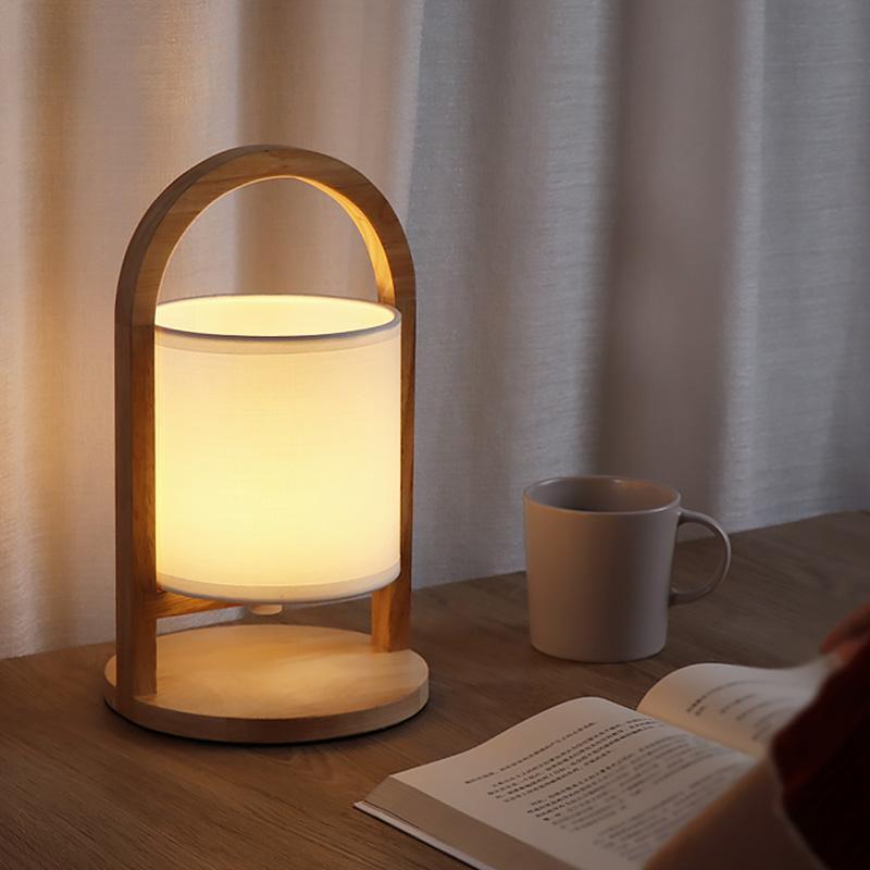 Portable Linen Shade Lantern with Wood Handle Battery Operated Table Lamp
