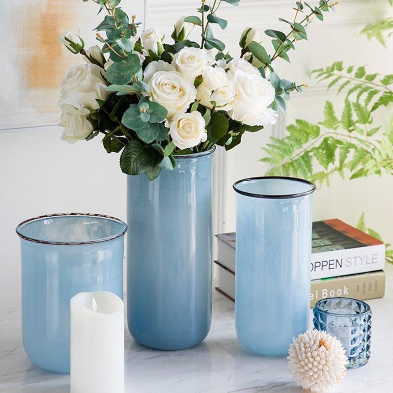 Nordic Modern Style Transparent Glass Blue Vases Cylinder Decorative Flower Vases