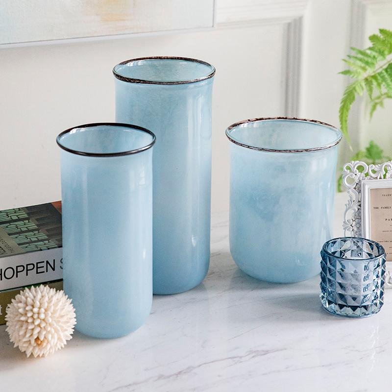 Nordic Modern Style Transparent Glass Blue Vases Cylinder Decorative Flower Vases